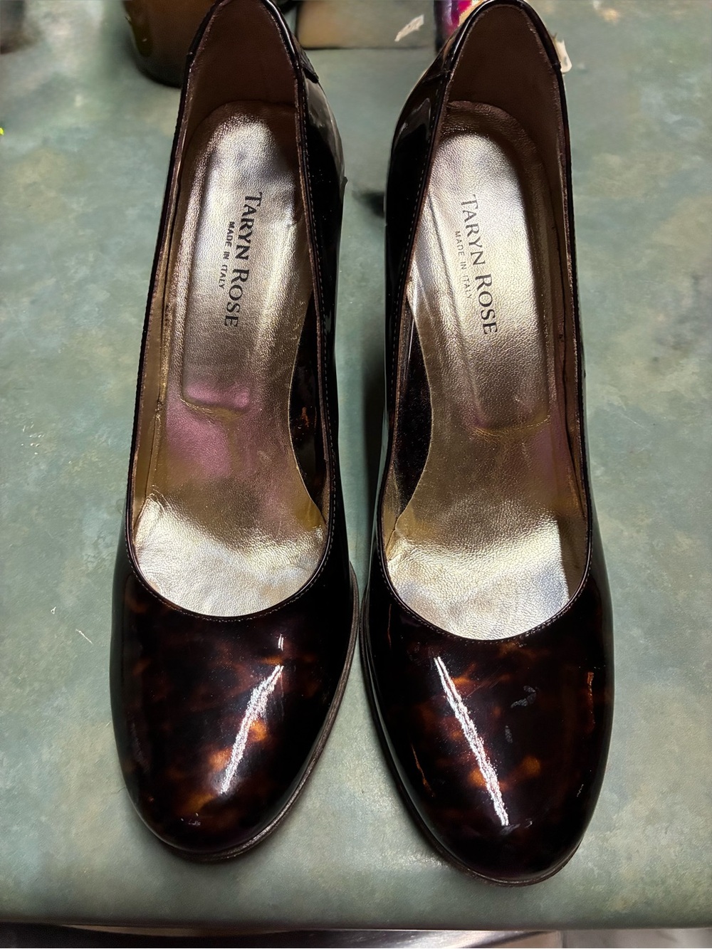 Size 8 Taryn Rose Brown Tortoiseshell Patent Round-Toe Pumps